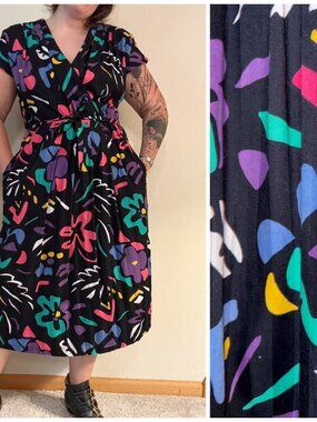 Vintage 80s Raoul Bright Printed Abstract Floral Belted Dress Large